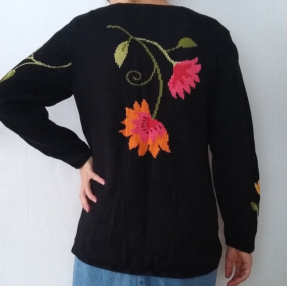 VINTAGE Belle Isle large floral black ramie & cotton chunky knitted sweater - Picture 4 of 13